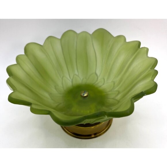 Vtg Green Frosted Glass Candy Dish Footed With Brass Base - Picture 2 of 5